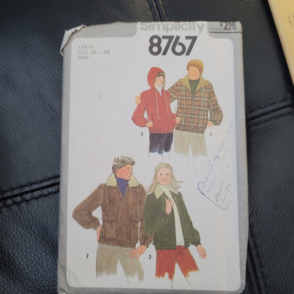 Vintage Simplicity 8767 Mens Misses Lined Jacket Sewing Pattern Uncut Size 42-44